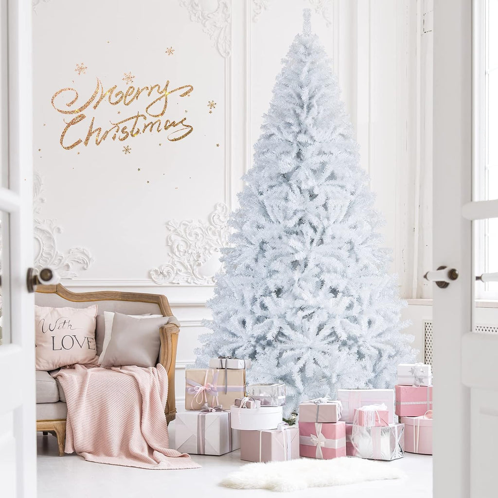 Goplus 7ft Artificial White Christmas Tree Xmas Pine Tree with Solid Metal Legs Perfect for Indoor and Outdoor Holiday Decoration