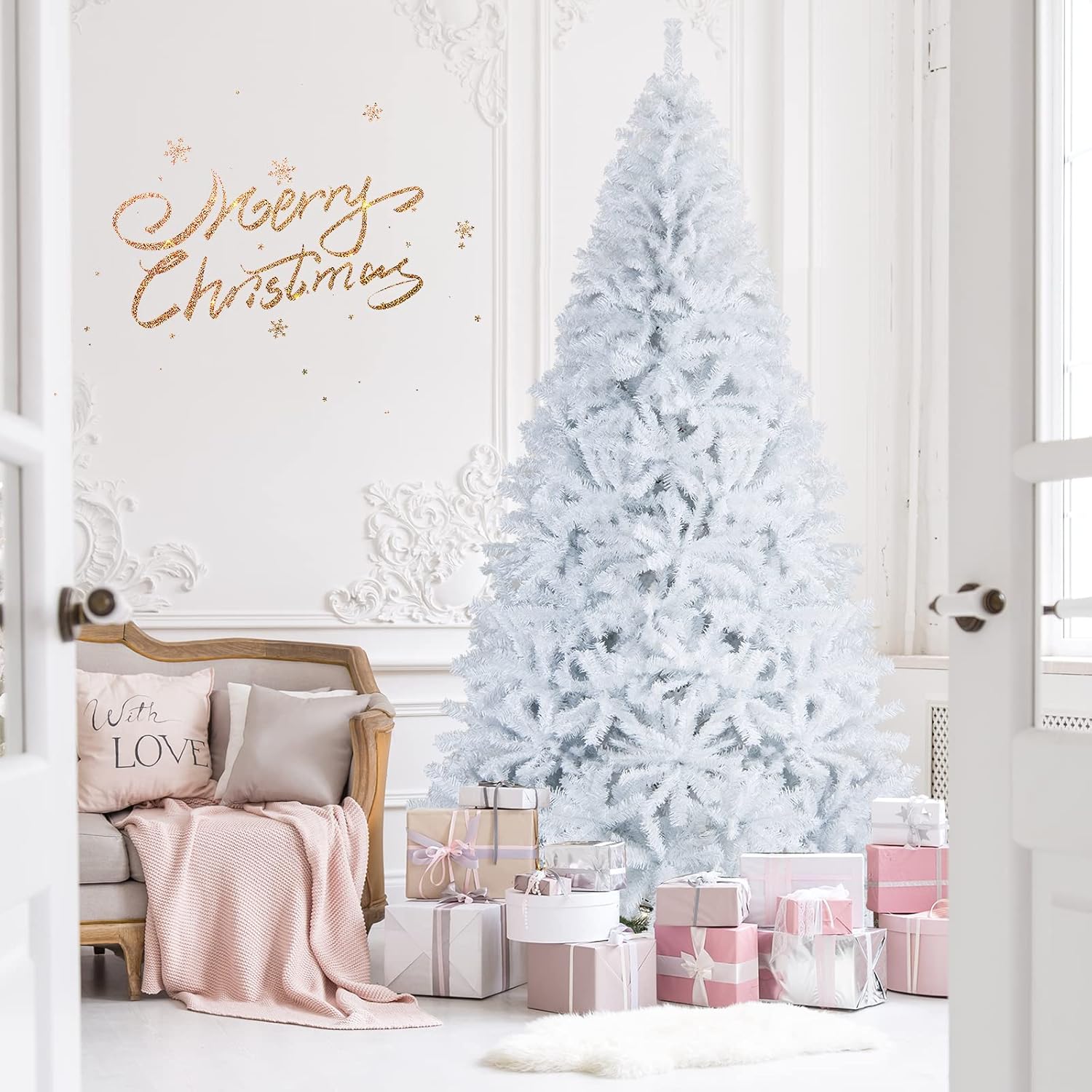 Goplus 7ft Artificial White Christmas Tree Xmas Pine Tree with Solid Metal Legs Perfect for Indoor and Outdoor Holiday Decoration