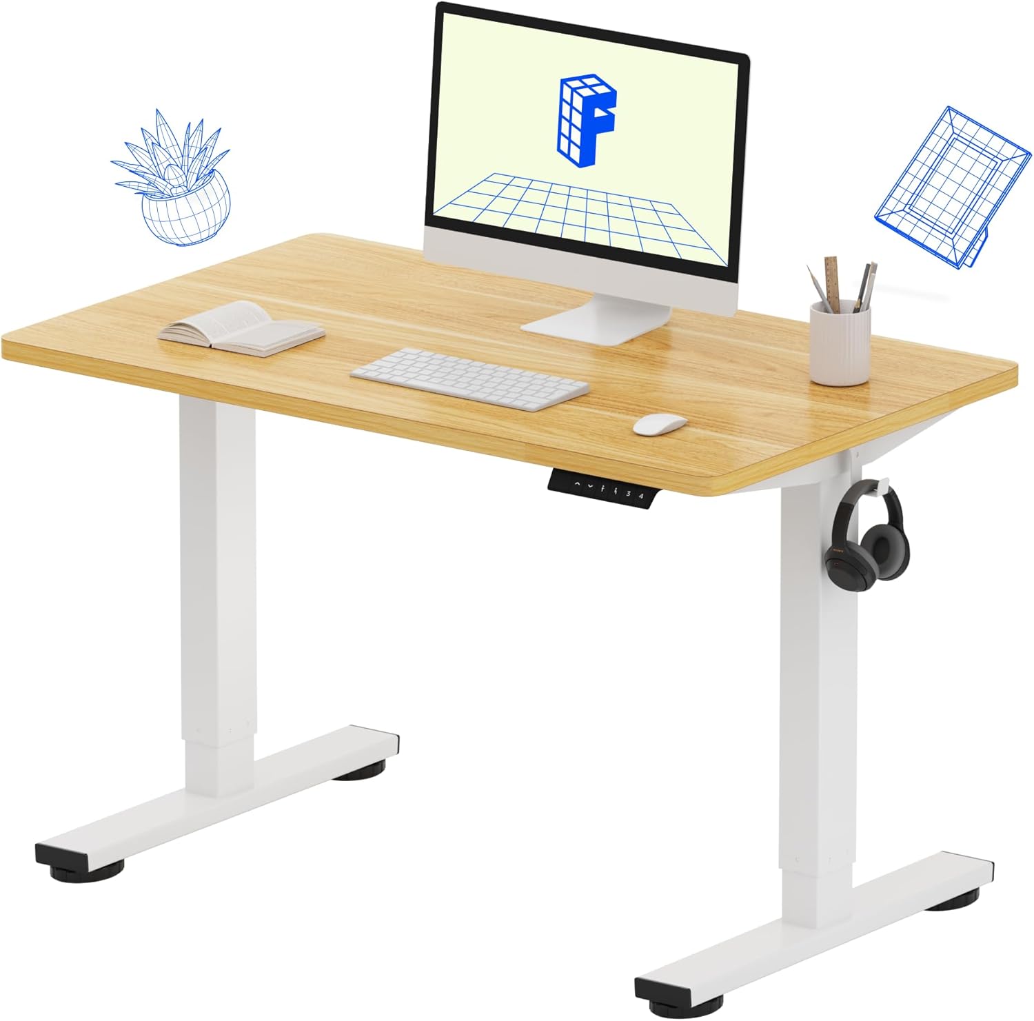 FLEXISPOT EN1 One-Piece Standing Desk 55 x 28 Inch Electric Adjustable Height Desk for Home Office and Computer Workstation (White Frame + 55" Maple Top, 2 Packages)