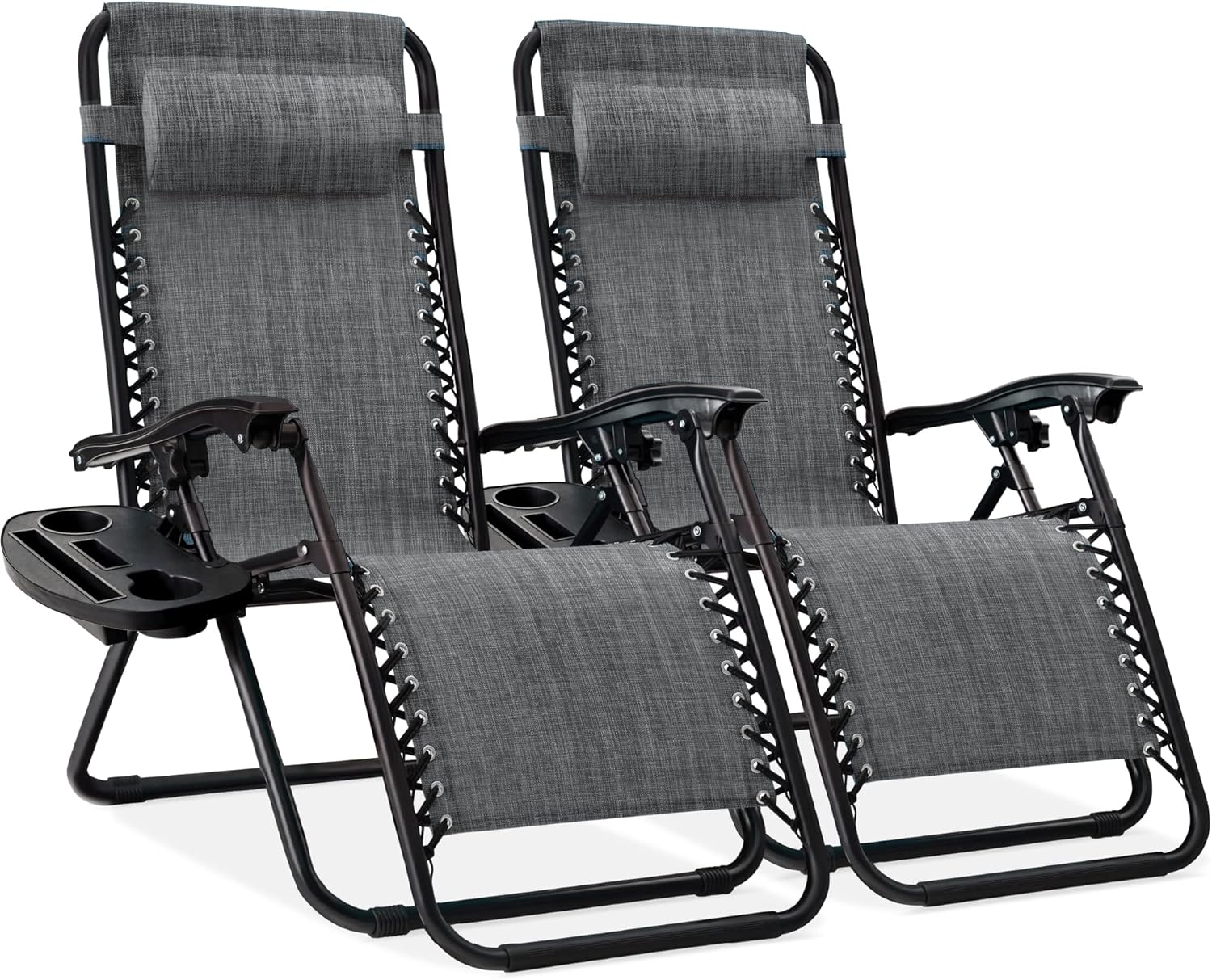 Best Choice Products Set of 2 Adjustable Steel Mesh Zero Gravity Lounge Chair Recliners w/Pillows and Cup Holder Trays - Beige