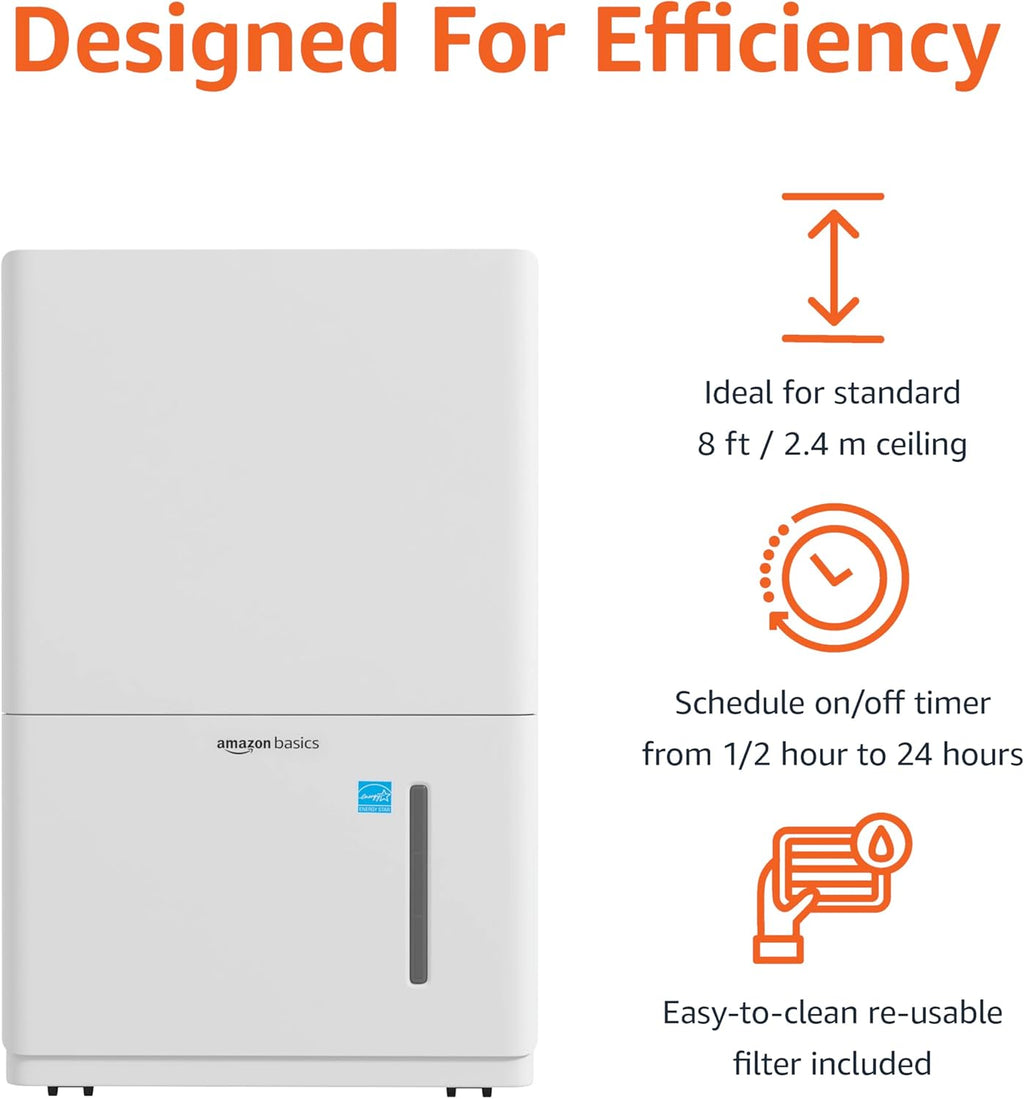 Basics Large Dehumidifier for Rooms, Energy Star Certified, Effectively Reduces Humidity, Timer, Auto-Defrost, Overflow Protection, up to 2500 SFT, 35 Pint, White