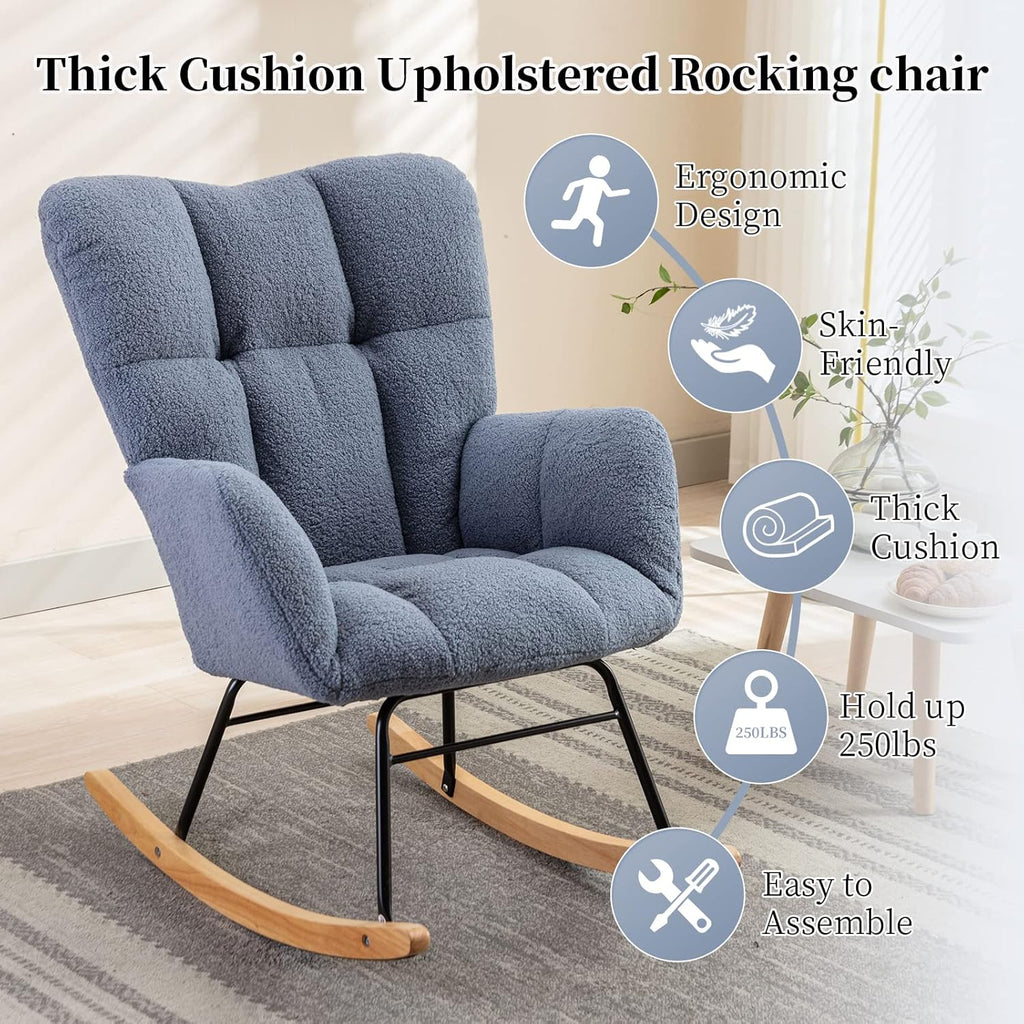 NIOIIKIT Nursery Rocking Chair Teddy Upholstered Glider Rocker Rocking Accent Chair Padded Seat with High Backrest Armchair Comfy Side Chair for Living Room Bedroom Offices (Ivory Teddy)