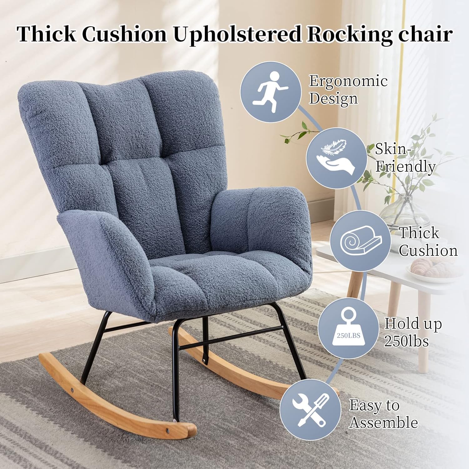 NIOIIKIT Nursery Rocking Chair Teddy Upholstered Glider Rocker Rocking Accent Chair Padded Seat with High Backrest Armchair Comfy Side Chair for Living Room Bedroom Offices (Ivory Teddy)