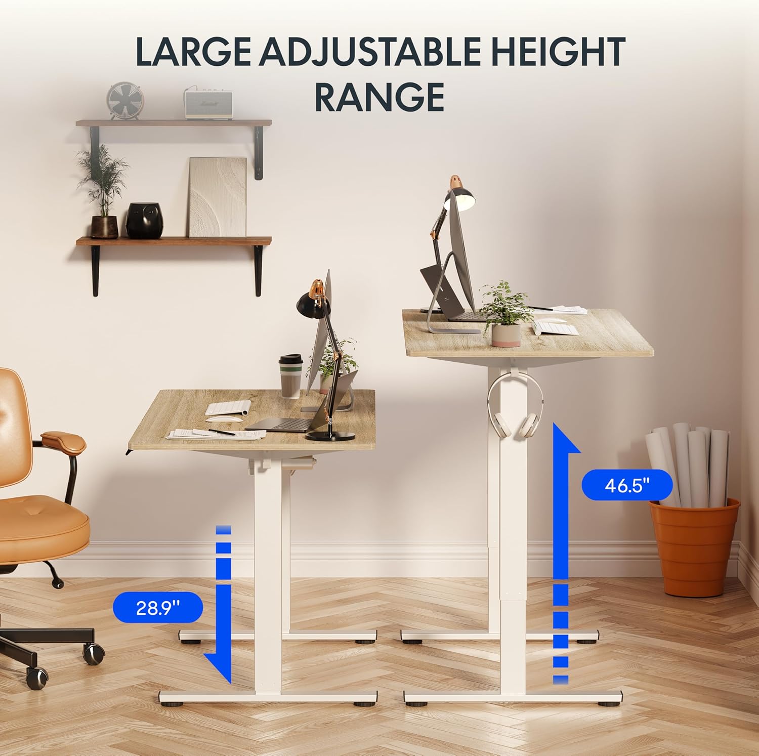 FLEXISPOT EN1 One-Piece Standing Desk 55 x 28 Inch Electric Adjustable Height Desk for Home Office and Computer Workstation (White Frame + 55" Maple Top, 2 Packages)