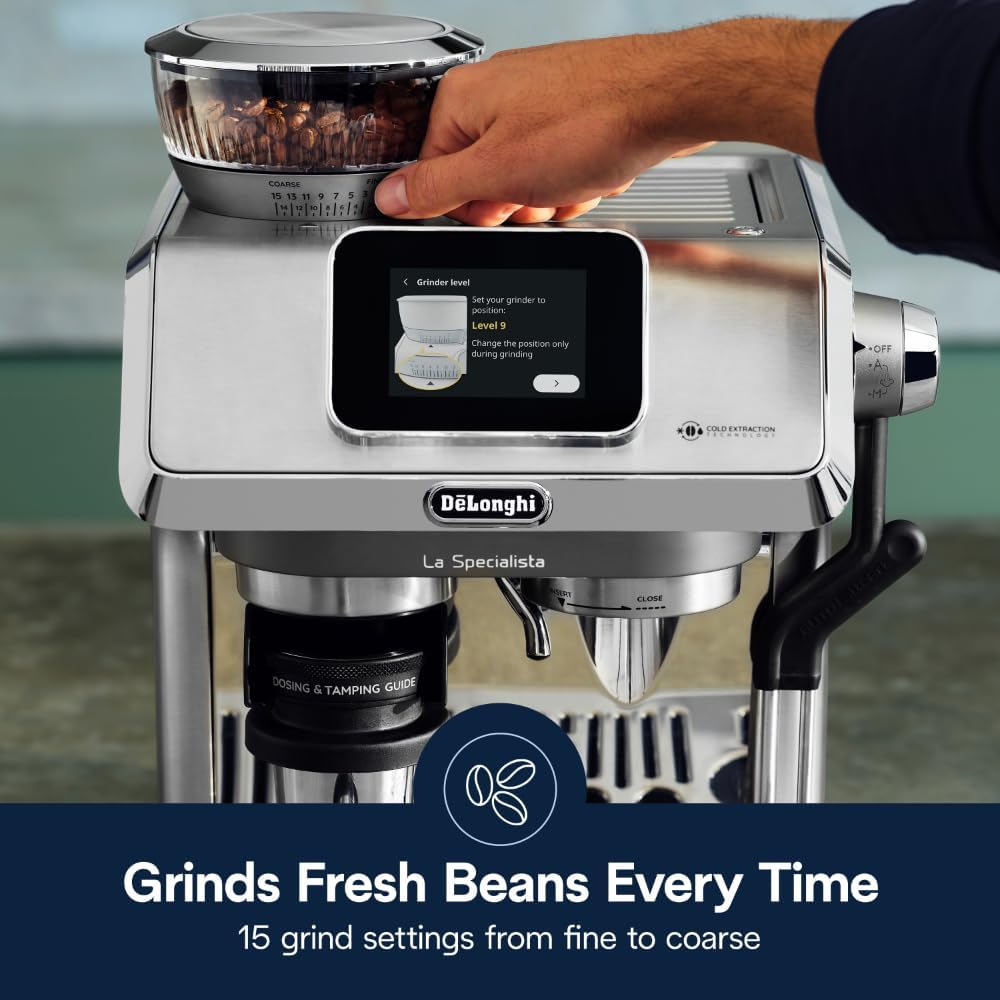 De'Longhi La Specialista Maestro Espresso Machine with Grinder, Auto & Manual Milk Frother – Bean-to-Cup Cold Brew Coffee with Cold Extraction Technology, Variable Temp & Tamping Tool, 8 Drink Presets