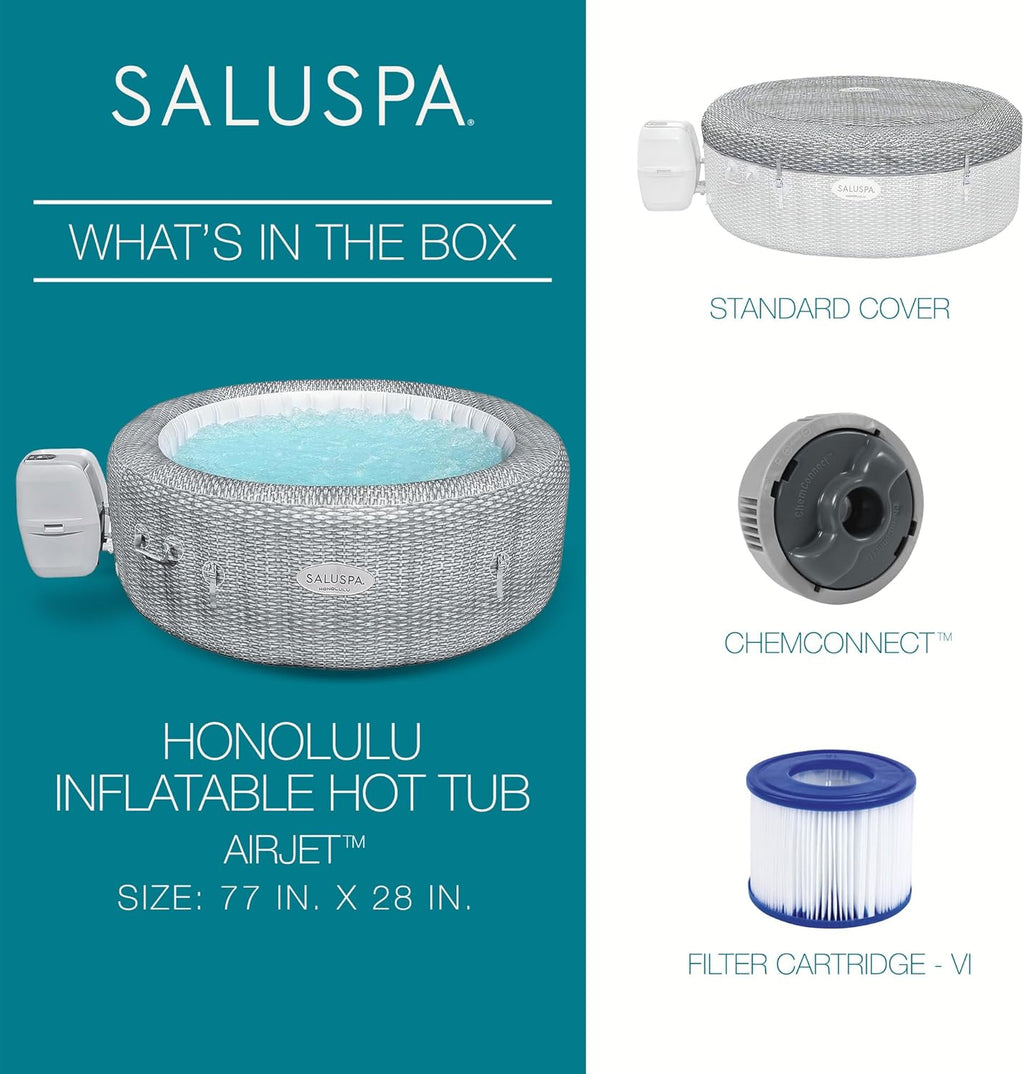 Bestway 4-6 Person SaluSpa Honolulu AirJet Inflatable Hot Tub Spa, 77" x 28" Round Portable Spa with 140 Soothing Jets and Insulated Cover