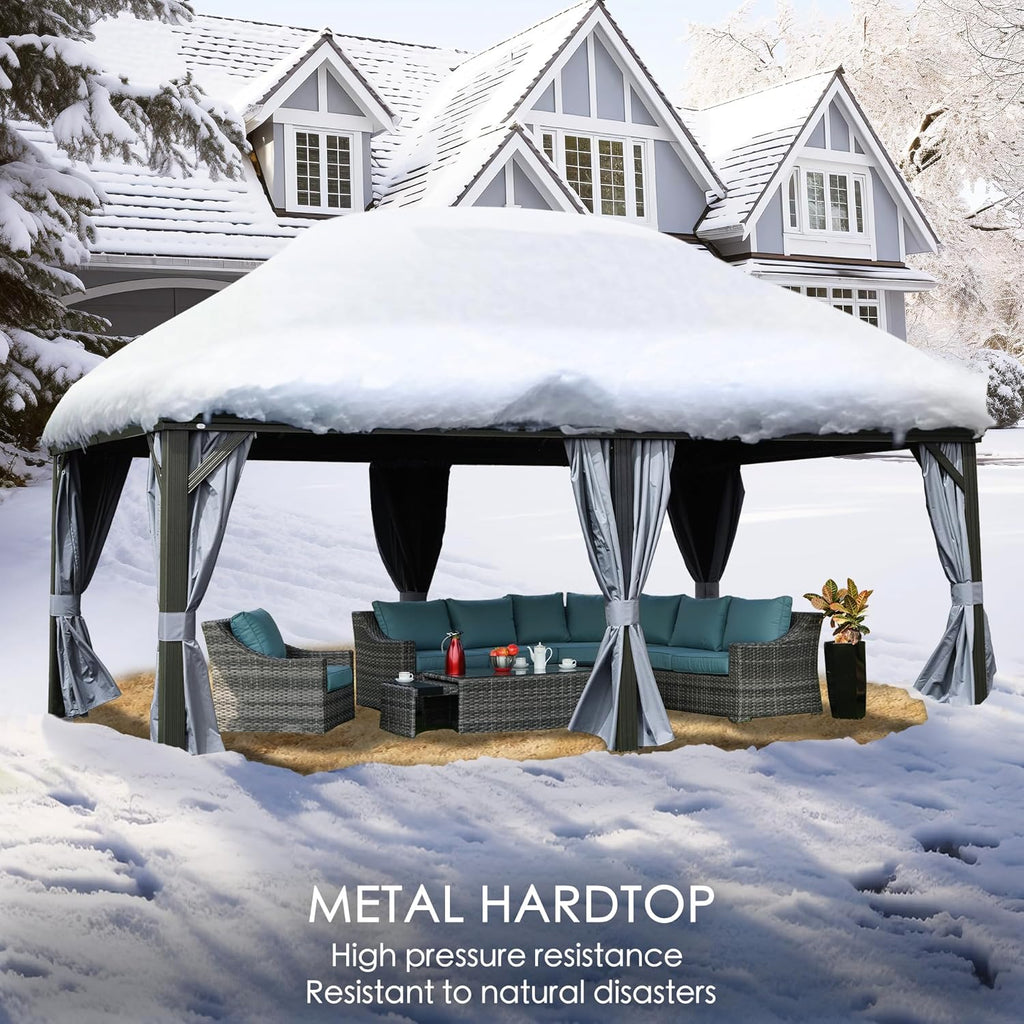 Kozyard Alexander 10' X 12' Hardtop, Aluminum Metal Gazebo with Galvanized Steel Double Roof Canopy, Curtain and Netting, Permanent Pavilion for Patio, Backyard, Deck, Lawn (Gray)