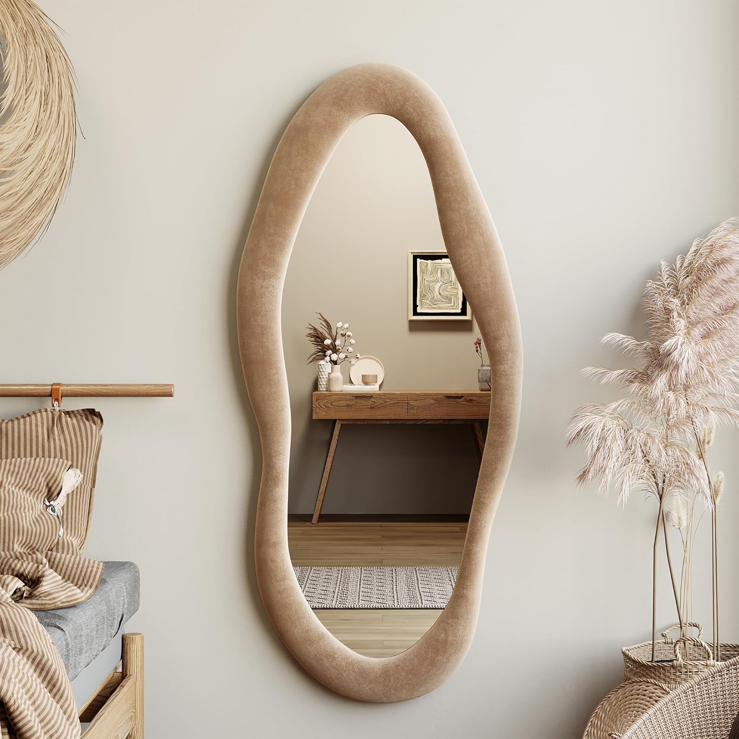 Honyee Full Length Mirror, 63" x 24" Wall Mirror, Flannel Wrapped Wooden Frame Full Body Mirror, Irregular Wavy Mirror Hanging or Leaning Against Wall for Cloakroom/Bedroom/Living Room, Ivory White