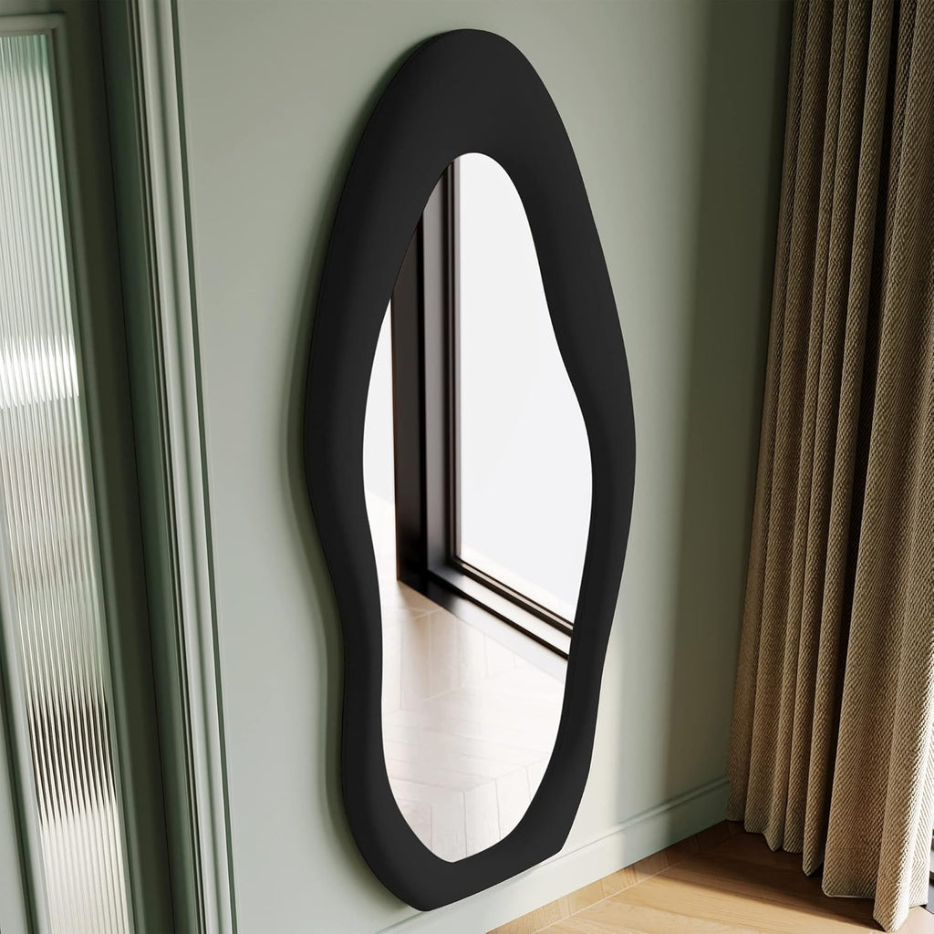 Honyee Full Length Mirror, 63" x 24" Wall Mirror, Flannel Wrapped Wooden Frame Full Body Mirror, Irregular Wavy Mirror Hanging or Leaning Against Wall for Cloakroom/Bedroom/Living Room, Ivory White