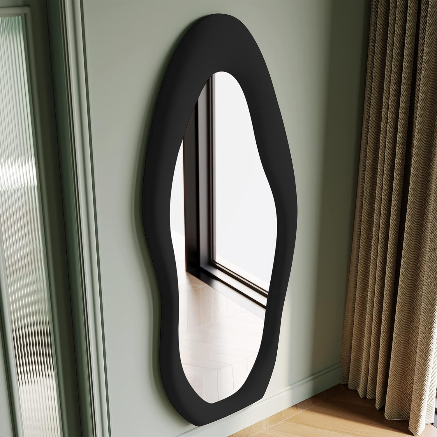 Honyee Full Length Mirror, 63" x 24" Wall Mirror, Flannel Wrapped Wooden Frame Full Body Mirror, Irregular Wavy Mirror Hanging or Leaning Against Wall for Cloakroom/Bedroom/Living Room, Ivory White
