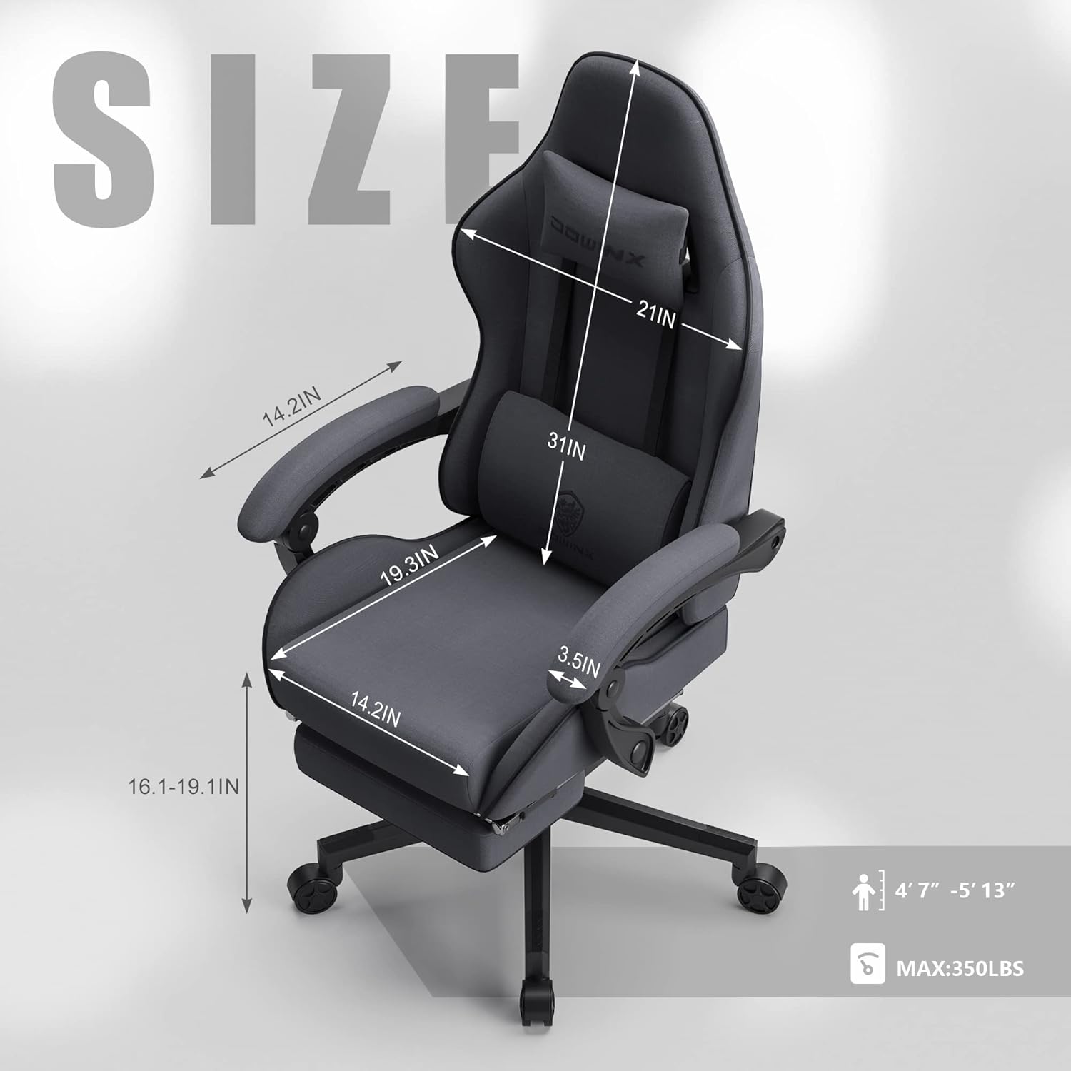 Dowinx Gaming Chair Fabric with Pocket Spring Cushion, Massage Game Chair Cloth with Headrest, Ergonomic Computer Chair with Footrest 290LBS, Blue and Grey