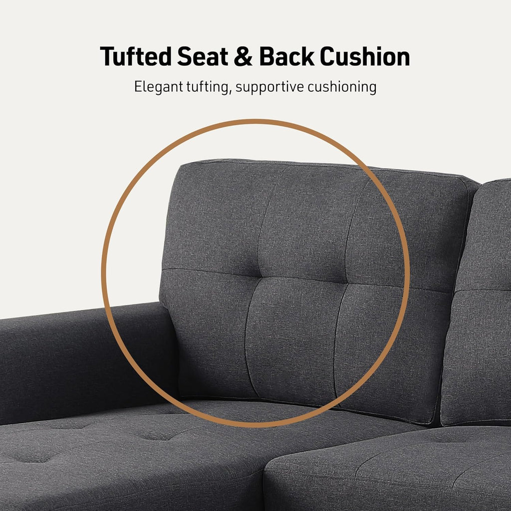 Lilola Home Lucca 84-inch Reversible Sleeper Sectional Sofa with Pull-Out Bed & Storage Chaise, Dark Gray Linen Fabric, Tufted Back, Modern Compact Couch for Living Room, Easy Assembly