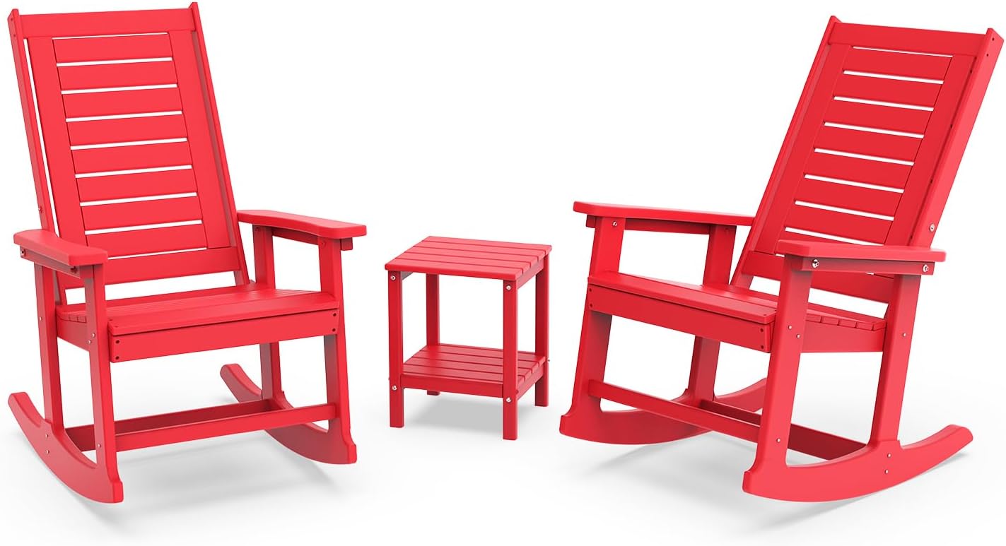 GREENVINES Outdoor Rocking Chairs | Set of 2 | Porch Rocker | HDPE Plastic | Black | Oversized Rockers | High Back | Big & Tall | Ladder Back | for Patio Outside Backyard Balcony Garden