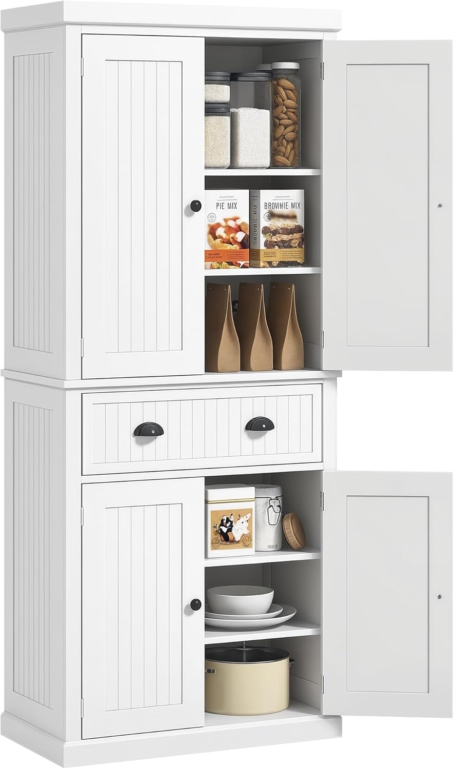 HOMCOM 72" Kitchen Pantry Cabinet, Freestanding Tall Storage Cabinet, Traditional Kitchen Cabinet with 4 Doors, Drawer and 3 Adjustable Shelves for Dining Room, Black
