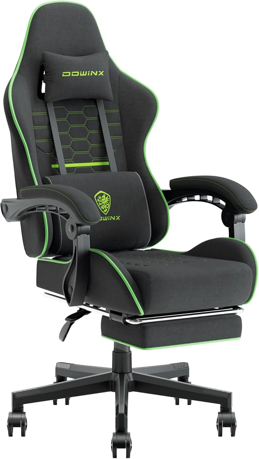 Dowinx Gaming Chair Fabric with Pocket Spring Cushion, Massage Game Chair Cloth with Headrest, Ergonomic Computer Chair with Footrest 290LBS, Blue and Grey