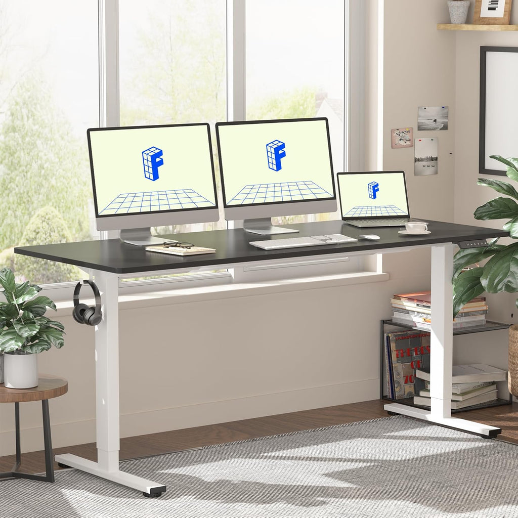 FLEXISPOT EN1 One-Piece Standing Desk 55 x 28 Inch Electric Adjustable Height Desk for Home Office and Computer Workstation (White Frame + 55" Maple Top, 2 Packages)