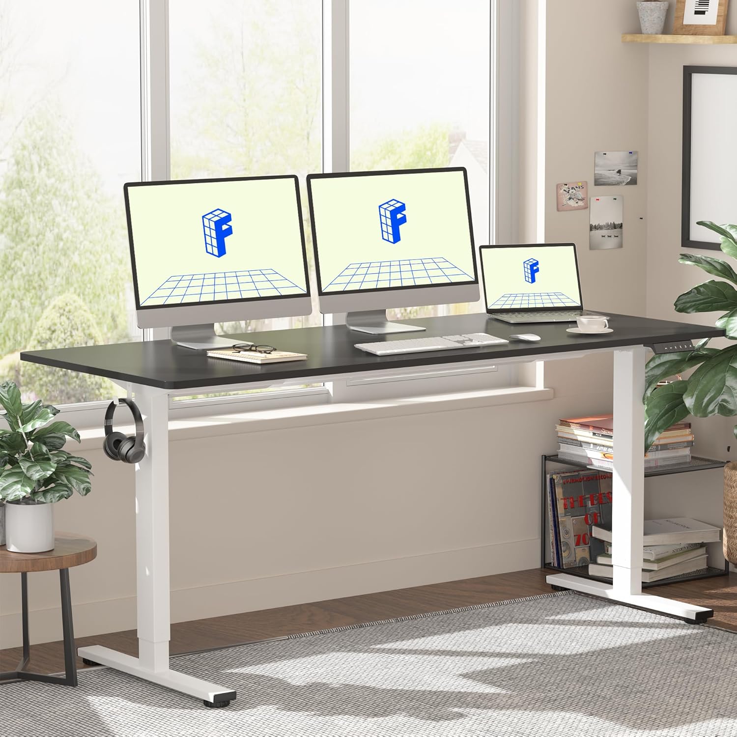 FLEXISPOT EN1 One-Piece Standing Desk 55 x 28 Inch Electric Adjustable Height Desk for Home Office and Computer Workstation (White Frame + 55" Maple Top, 2 Packages)