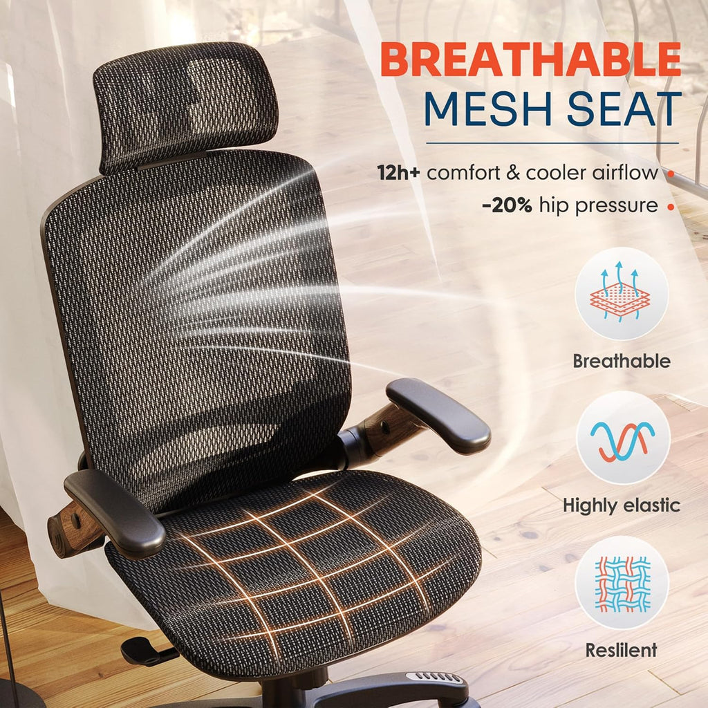 GABRYLLY Ergonomic Office Chair, High Back Home Desk Chair with Headrest, Flip-Up Arms, 90-120° Tilt Lock and Wide Cushion, Big and Tall Mesh Chairs for Man Woman, Grey Task Chair