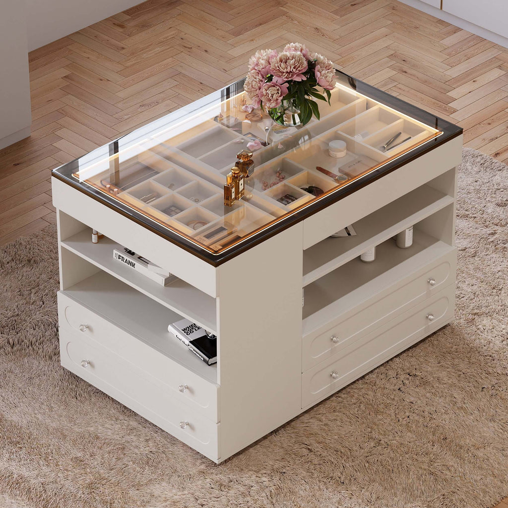 homary 47" Walk-in Closet Vanity Island with LED Light, Jewelry Drawer Organizer, Glass Top, 9 Storage Drawers – Modern Dresser for Bedroom or Dressing Room (Black)