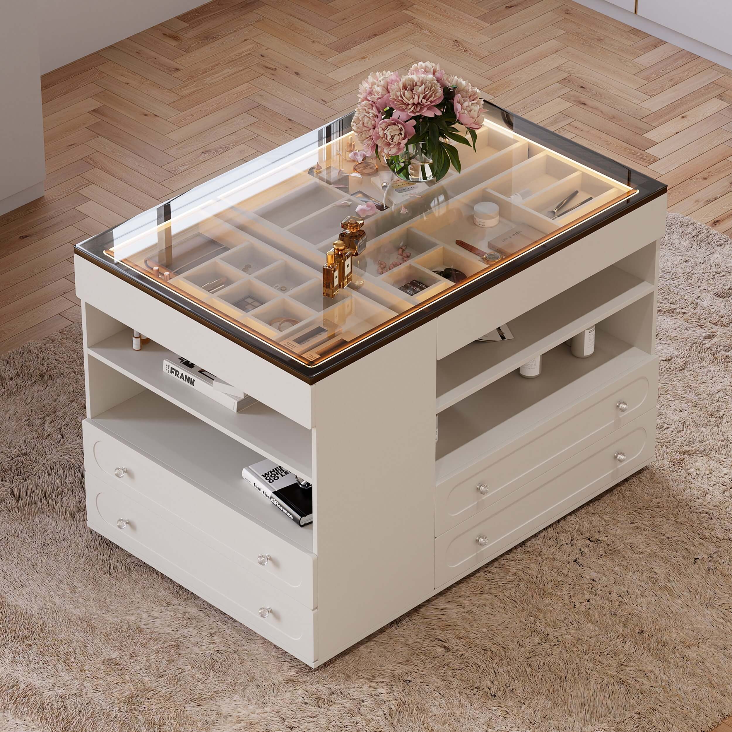 homary 47" Walk-in Closet Vanity Island with LED Light, Jewelry Drawer Organizer, Glass Top, 9 Storage Drawers – Modern Dresser for Bedroom or Dressing Room (Black)