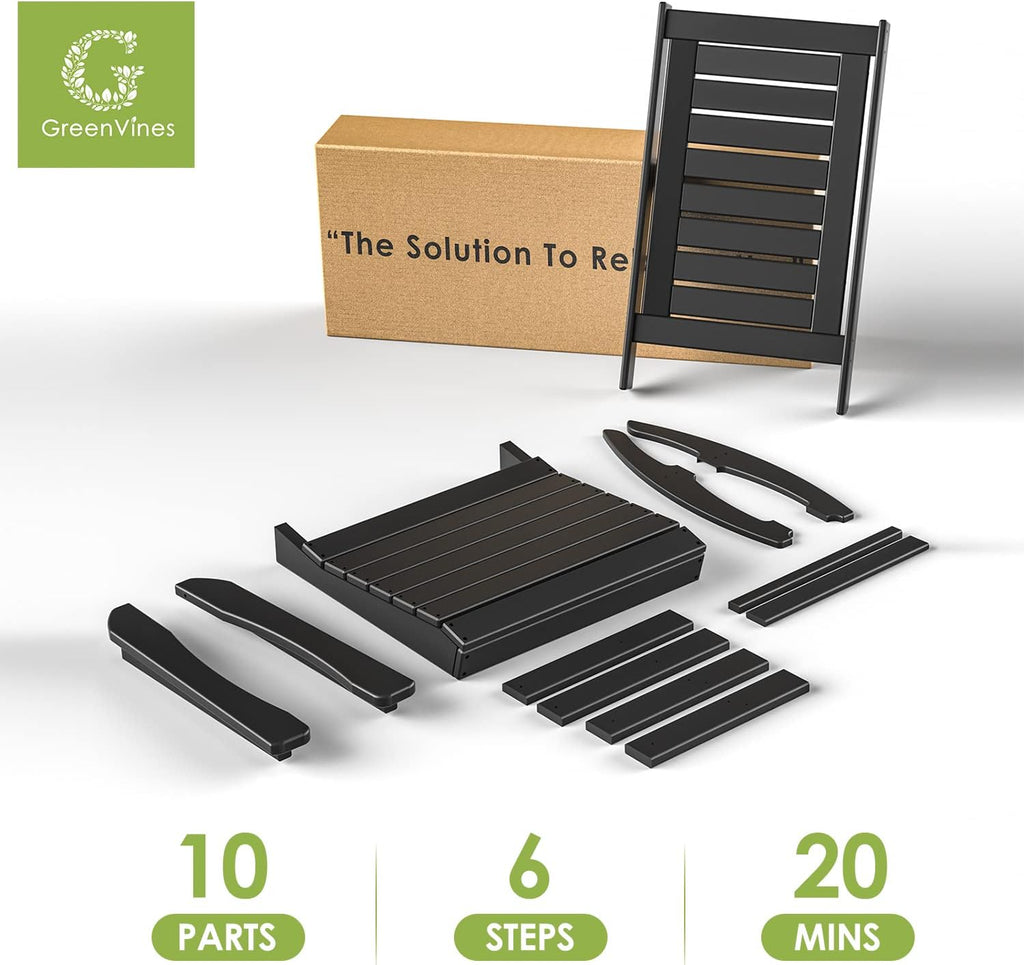 GREENVINES Outdoor Rocking Chairs | Set of 2 | Porch Rocker | HDPE Plastic | Black | Oversized Rockers | High Back | Big & Tall | Ladder Back | for Patio Outside Backyard Balcony Garden
