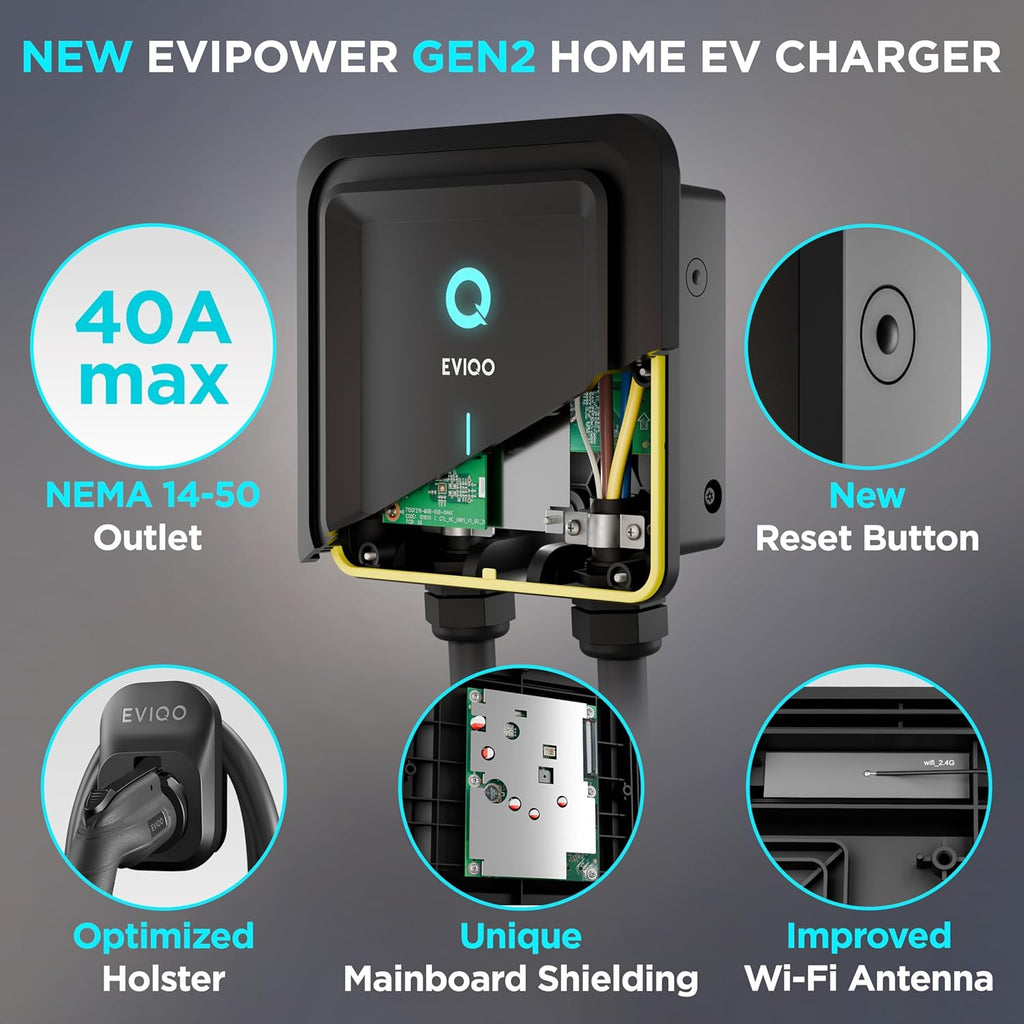 EVIQO Level 2 EV Charger 40 Amp - 9.6 kW 240V Wall EV Charger Level 2 for Home, NEMA 14-50 Plug, J1772 25' Cable, Enhanced Wi-Fi – UL, ETL Certified EVSE, Smart Car EV Charging Station – GEN 2