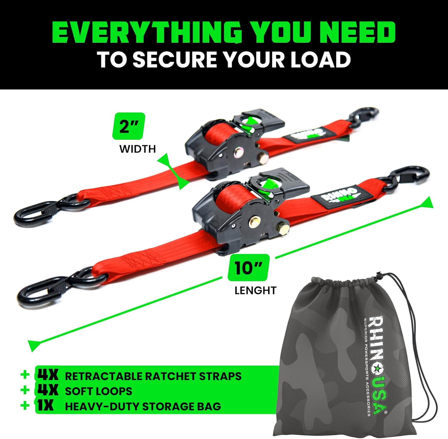 Rhino USA Retractable Ratchet Straps (2-Pack) - 2 Inch x 10 Feet (3,033lb Break Strength) - Heavy Duty Auto Self Retracting Tie Down Straps for Truck, Cargo Trailer, Motorcycle, Rad & More - Black