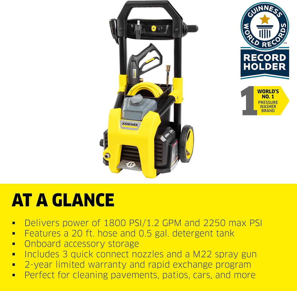 Electric Karcher Pressure Washer K1700, Max 2125 PSI, 3 Spray Nozzles, Detergent Tank, For Cars, Driveways, Siding, Patios, 1.46 max. GPM