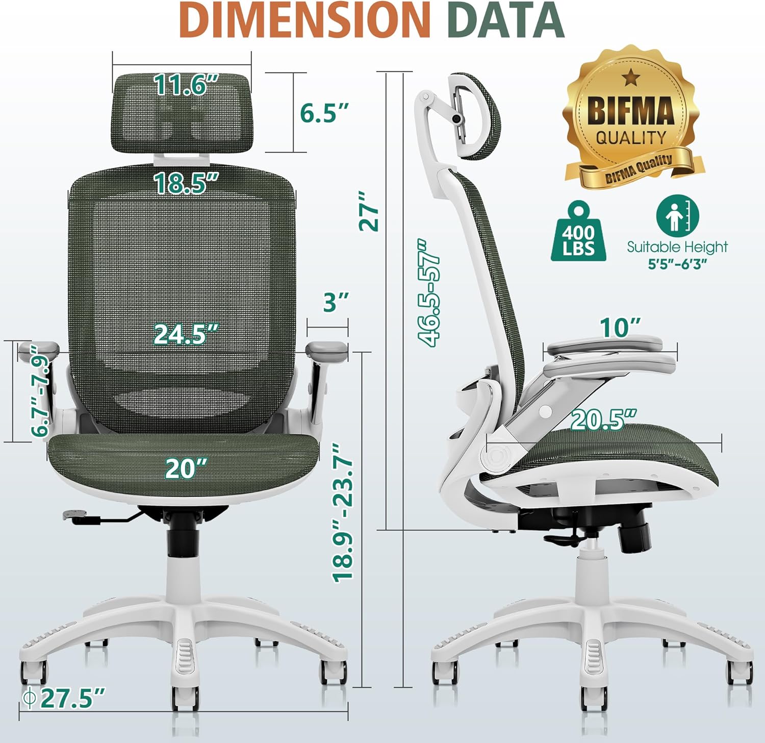GABRYLLY Ergonomic Office Chair, High Back Home Desk Chair with Headrest, Flip-Up Arms, 90-120° Tilt Lock and Wide Cushion, Big and Tall Mesh Chairs for Man Woman, Grey Task Chair