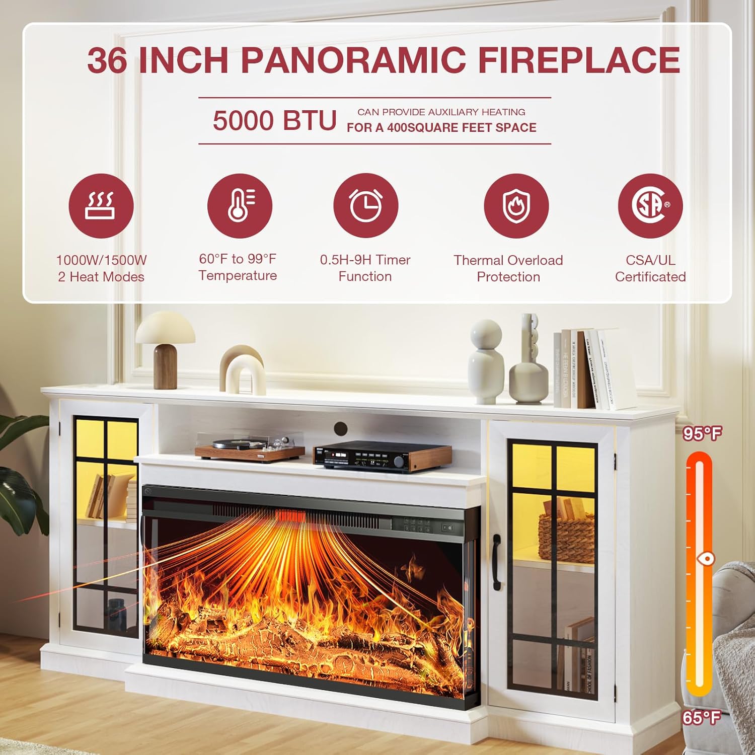 oneinmil 59'' Fireplace TV Stand, 3 Sided Glass Media Entertainment Center Console Table for TVs up to 65'' with Glass Door Adjustable Flame LED Color for Living Room, Set of TV Table, White