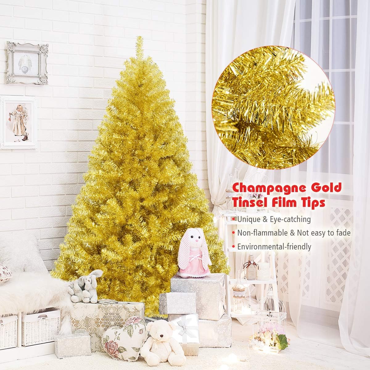 Goplus 7ft Artificial White Christmas Tree Xmas Pine Tree with Solid Metal Legs Perfect for Indoor and Outdoor Holiday Decoration