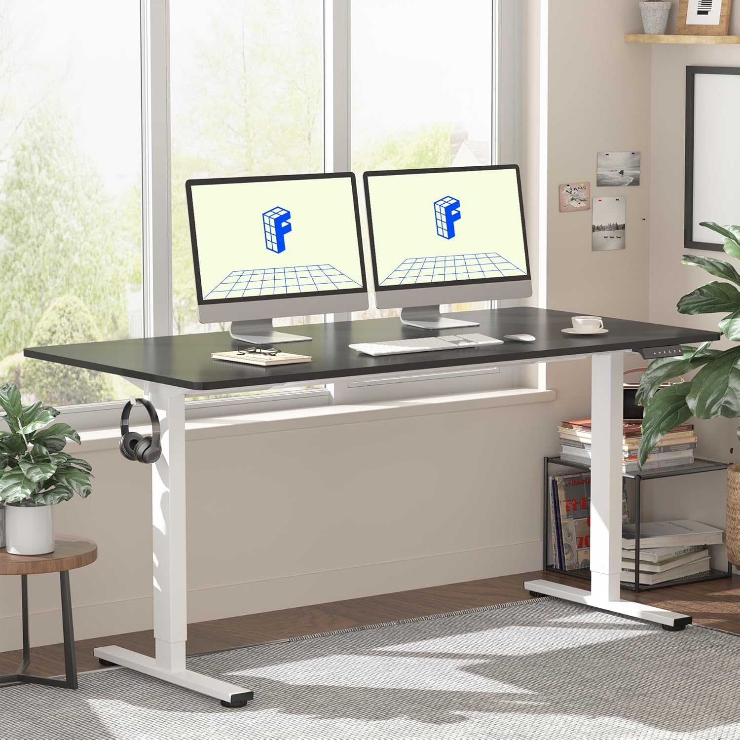 FLEXISPOT EN1 One-Piece Standing Desk 55 x 28 Inch Electric Adjustable Height Desk for Home Office and Computer Workstation (White Frame + 55" Maple Top, 2 Packages)