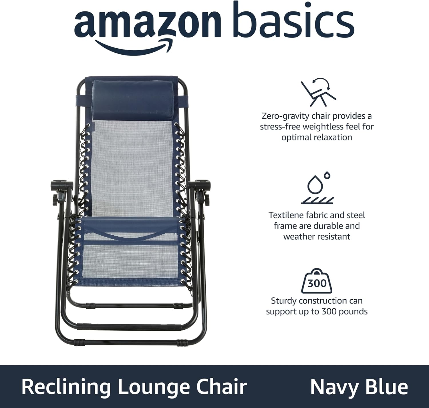 Basics Outdoor Textilene Adjustable Zero Gravity Folding Reclining Lounge Chair with Pillow, 26", Navy Blue