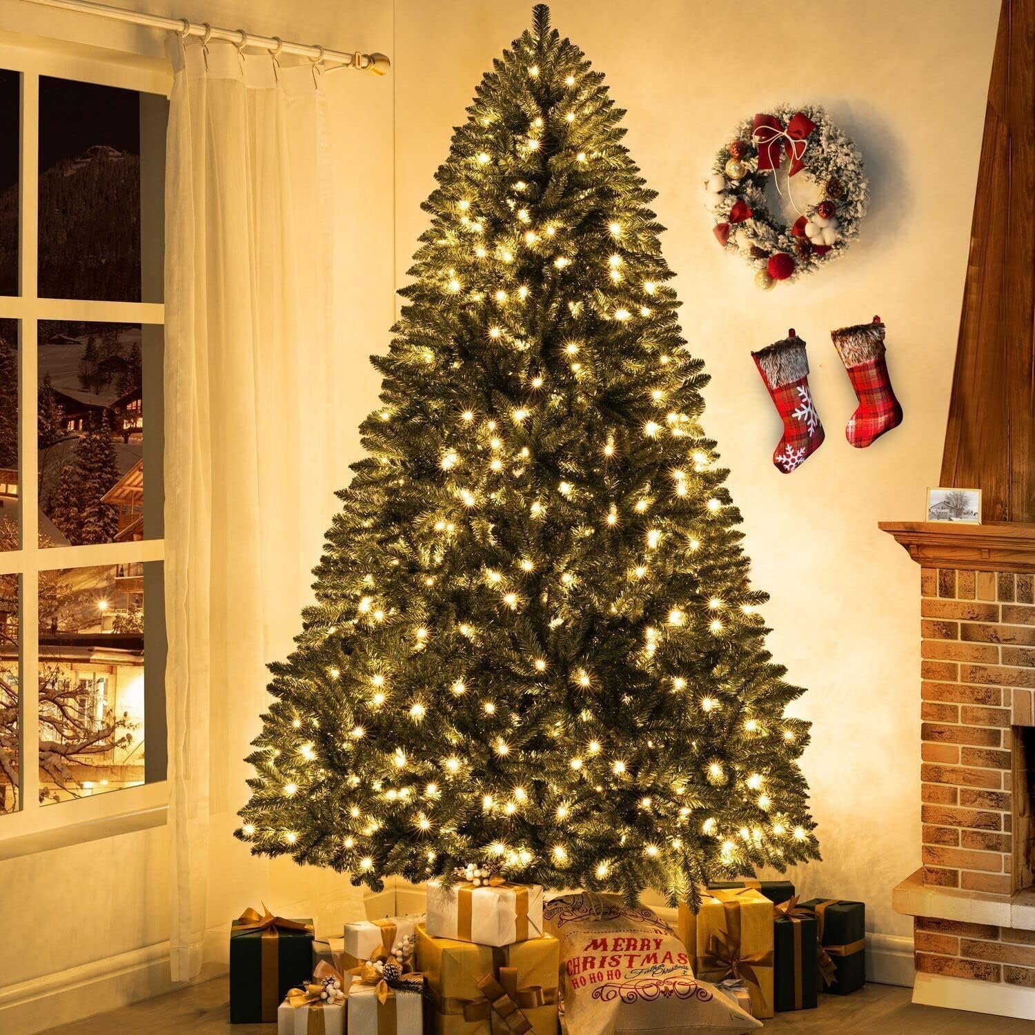 Naomi Home 6.5ft Rustic Christmas Tree with Lights, Realistic Classic Prelit with 2595 Branch Tips, 600 Warm Lights and Metal Stand, Aritificial Tree