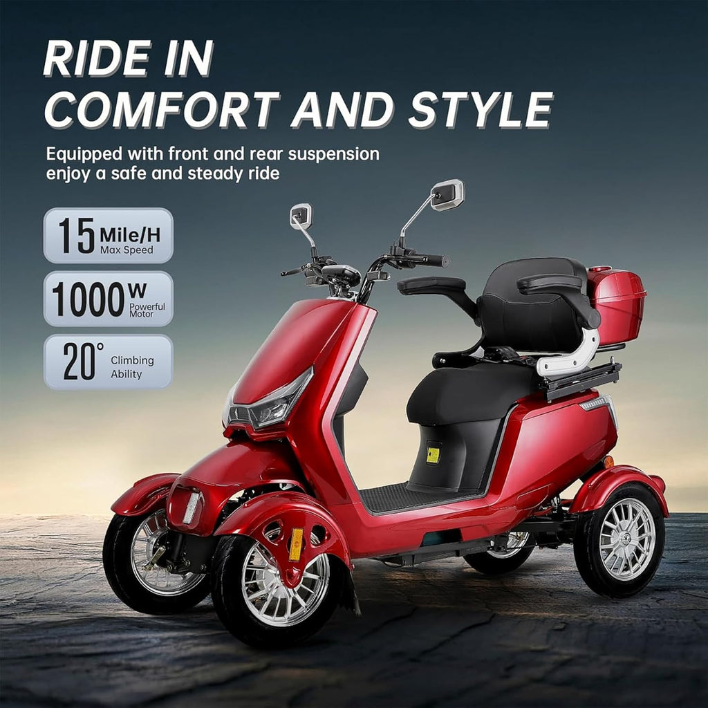 1000W 15 MPH Heavy Duty 4 Wheel Mobility Scooter 500lbs Loadweight, 3 Speed Control Mobility Scooters with 31 Mile Long Range Battery for Seniors & Adults Travel, 20° Max Climbing, Remote Key, Silver