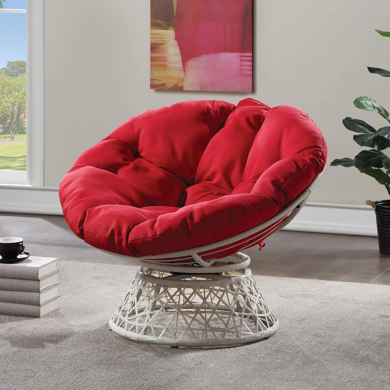OSP Home Furnishings Wicker Papasan Chair with 360-Degree Swivel, Brown Frame with Brown Cushion