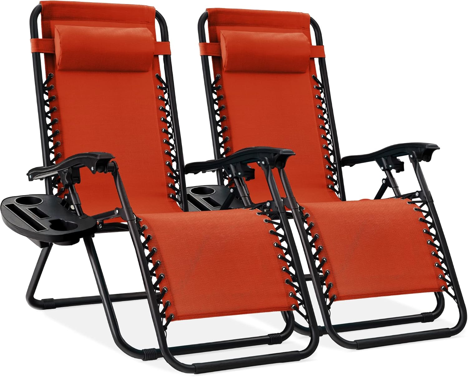 Best Choice Products Set of 2 Adjustable Steel Mesh Zero Gravity Lounge Chair Recliners w/Pillows and Cup Holder Trays - Beige