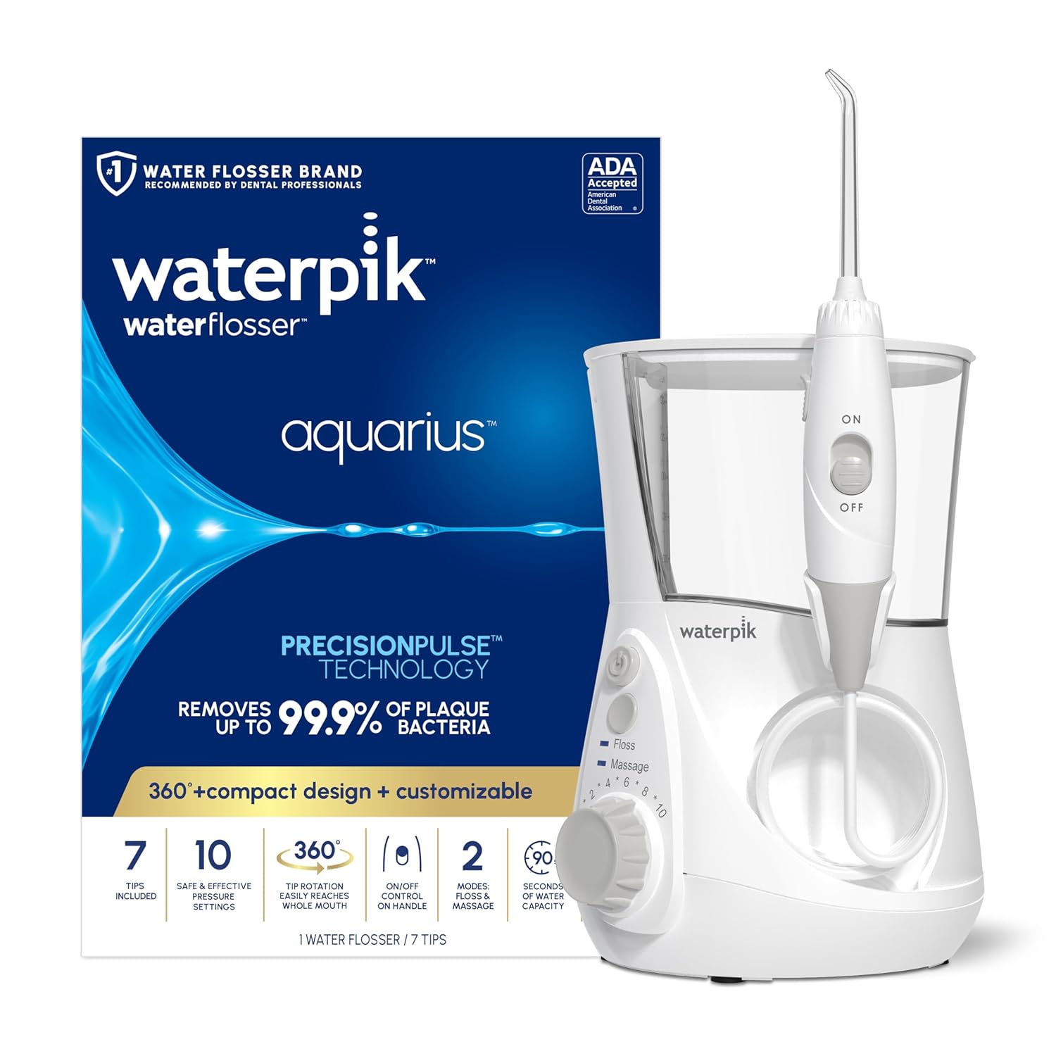 Waterpik Aquarius Water Flosser Professional For Teeth, Gums, Braces, Dental Care, Electric Power With 10 Settings, 7 Tips For Multiple Users And Needs, ADA Accepted, Gray WP-667, Packaging May Vary