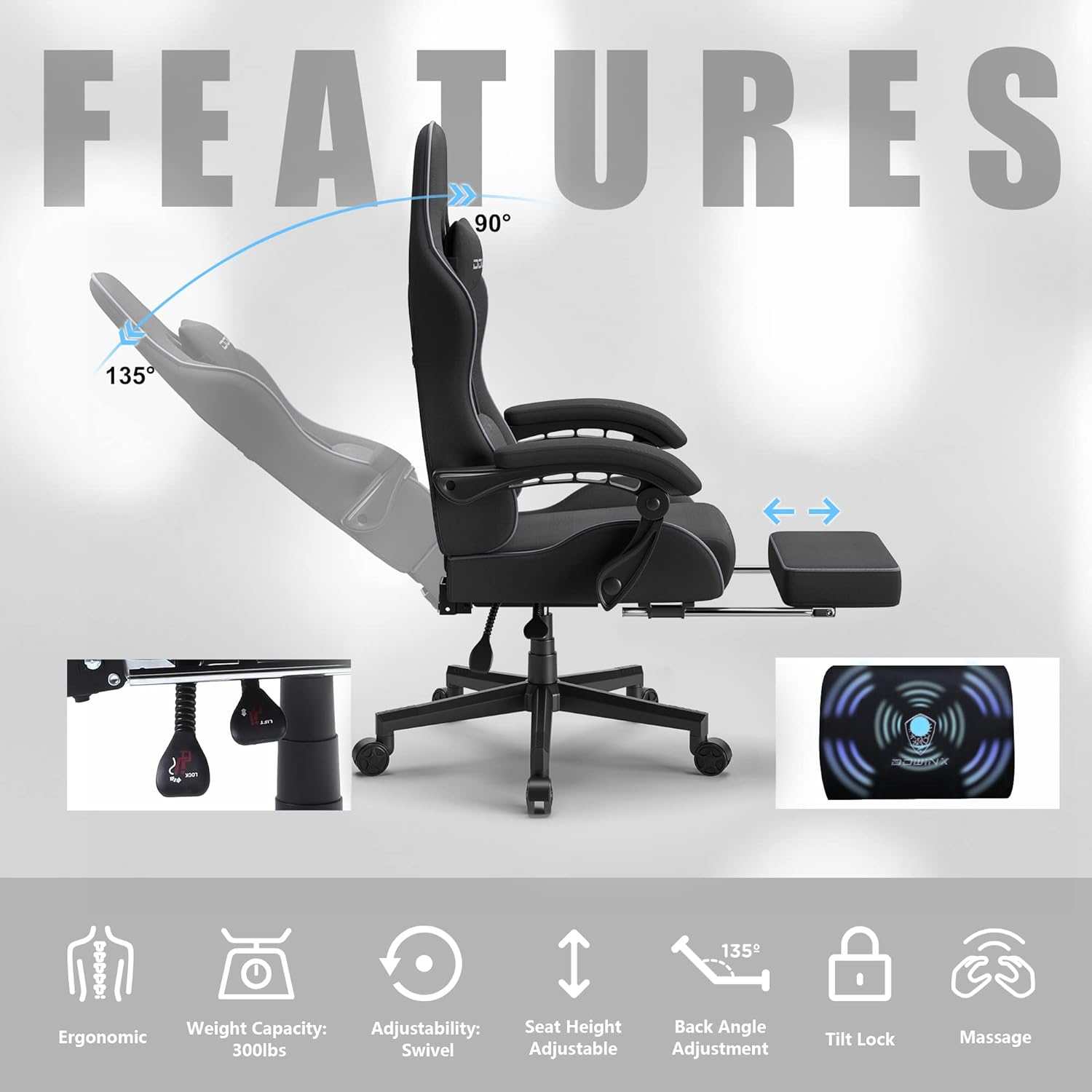 Dowinx Gaming Chair Fabric with Pocket Spring Cushion, Massage Game Chair Cloth with Headrest, Ergonomic Computer Chair with Footrest 290LBS, Blue and Grey