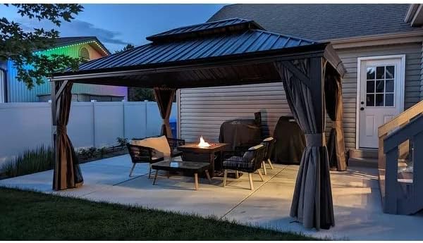 Kozyard Alexander 10' X 12' Hardtop, Aluminum Metal Gazebo with Galvanized Steel Double Roof Canopy, Curtain and Netting, Permanent Pavilion for Patio, Backyard, Deck, Lawn (Gray)