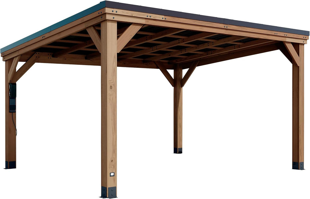 Backyard Discovery Saxony XL 12' x 6' Cedar Wood BBQ Grill Gazebo Pavilion with Hardtop Galvanized Steel Roof, Bar Tops, Powerport, Snow Support, Wind Resistance, Cook Station for Outdoor Patio, Deck