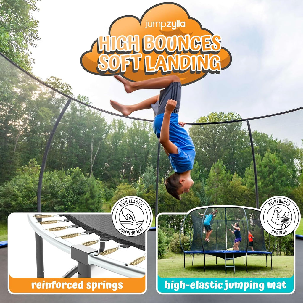 JUMPZYLLA Trampoline Outdoor 8FT 10FT 12FT 14FT 15FT 16FT with Enclosure and Ladder, ASTM Approved Recreational Trampoline for Kids and Adults, Anti-Rust Coated Frame
