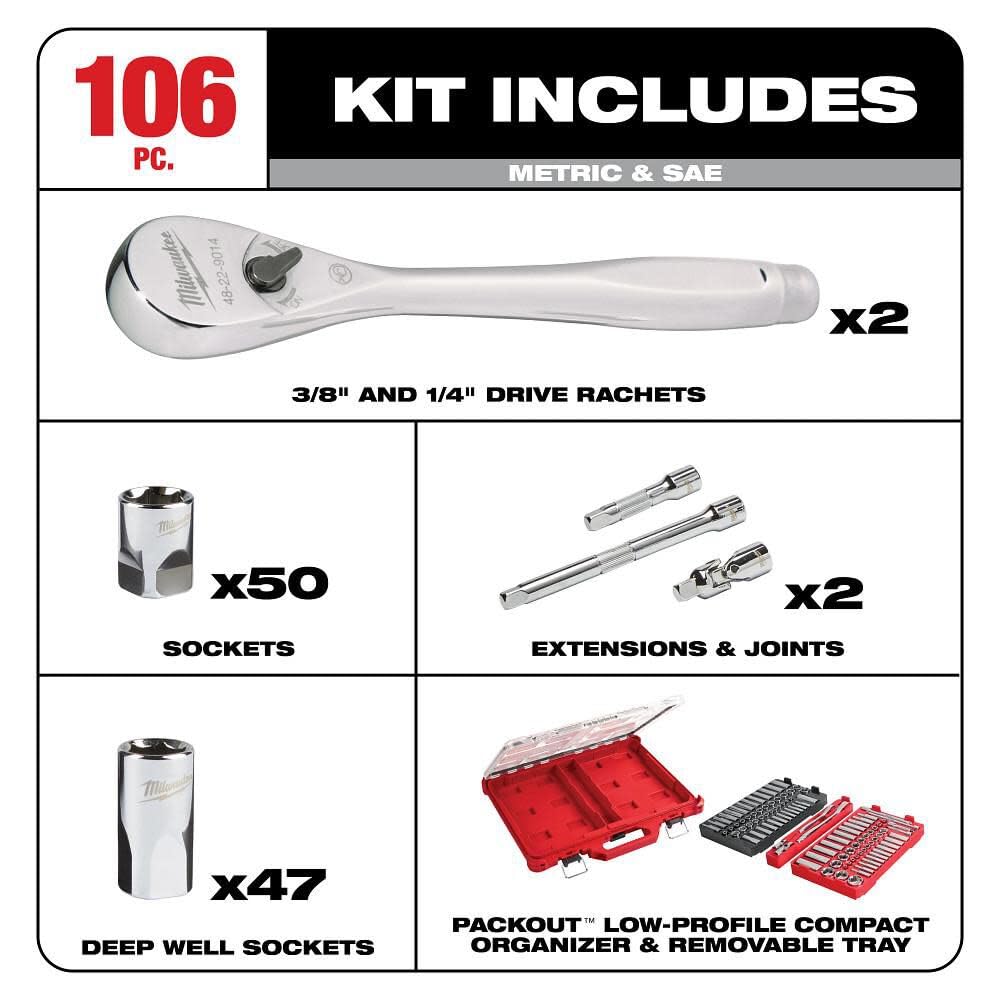 Milwaukee Electric - 1/4-3/8 106PC Rat. and Socket Set in PKOUT SAE-MM