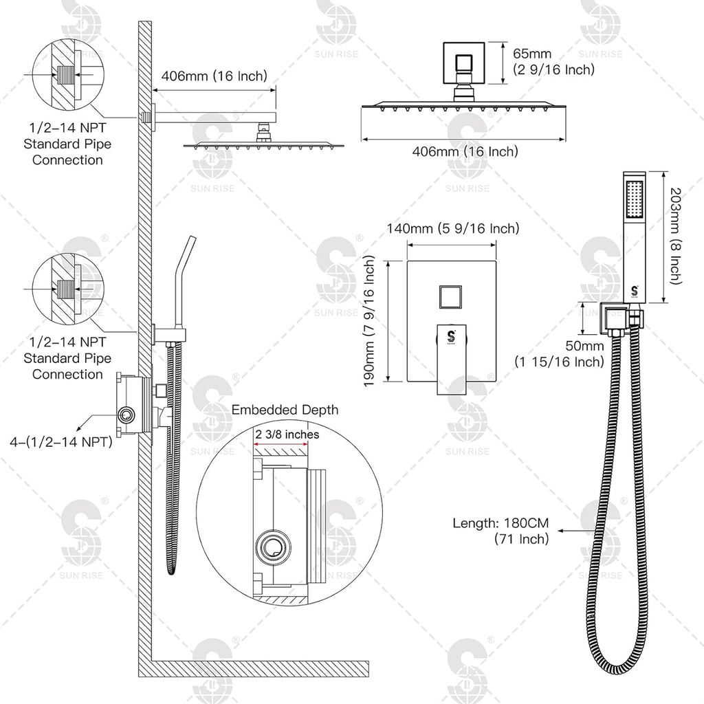 SR SUN RISE 12 Inches Matte Black Shower System 12 Inch Brass Bathroom Luxury Rain Mixer Shower Combo Set Wall Mounted Rainfall Shower Head System Shower Faucet Rough-in Valve Body and Trim Included