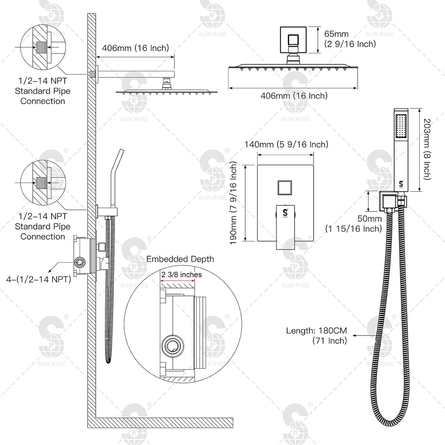 SR SUN RISE 12 Inches Matte Black Shower System 12 Inch Brass Bathroom Luxury Rain Mixer Shower Combo Set Wall Mounted Rainfall Shower Head System Shower Faucet Rough-in Valve Body and Trim Included
