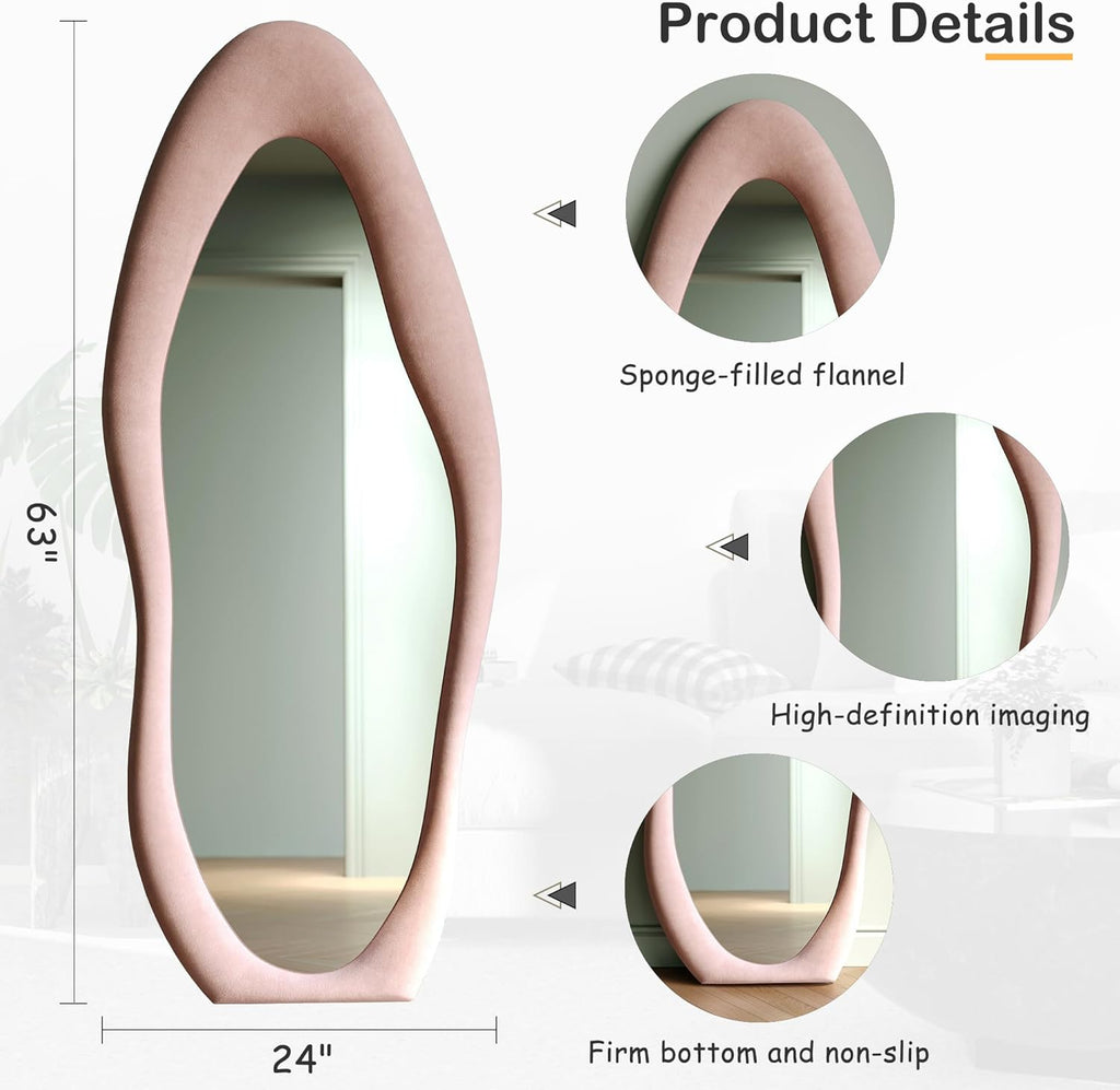 Honyee Full Length Mirror, 63" x 24" Wall Mirror, Flannel Wrapped Wooden Frame Full Body Mirror, Irregular Wavy Mirror Hanging or Leaning Against Wall for Cloakroom/Bedroom/Living Room, Ivory White