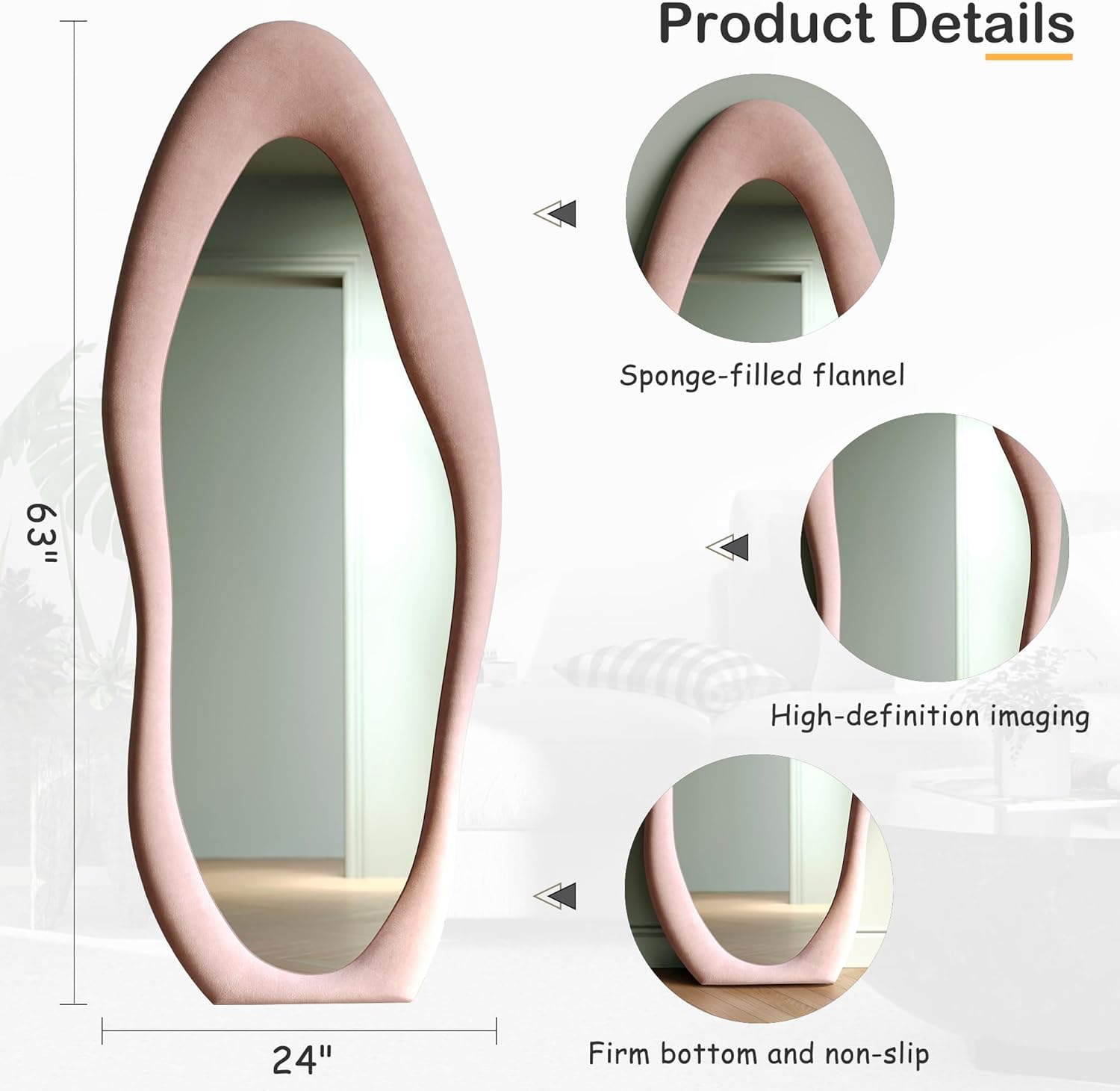 Honyee Full Length Mirror, 63" x 24" Wall Mirror, Flannel Wrapped Wooden Frame Full Body Mirror, Irregular Wavy Mirror Hanging or Leaning Against Wall for Cloakroom/Bedroom/Living Room, Ivory White