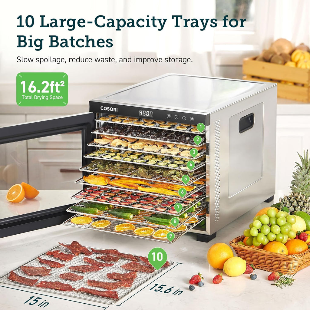 COSORI Food Dehydrator for Jerky, 176°F Temperature Control, 5 Stainless Steel Trays Dryer Machine, 4 Presets, 48H Timer, for Dog Treats, Meat, Fruit, Veggies, Snacks, Recipe Book Included
