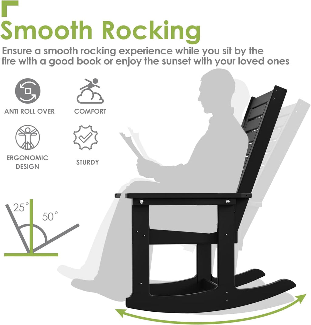 GREENVINES Outdoor Rocking Chairs | Set of 2 | Porch Rocker | HDPE Plastic | Black | Oversized Rockers | High Back | Big & Tall | Ladder Back | for Patio Outside Backyard Balcony Garden