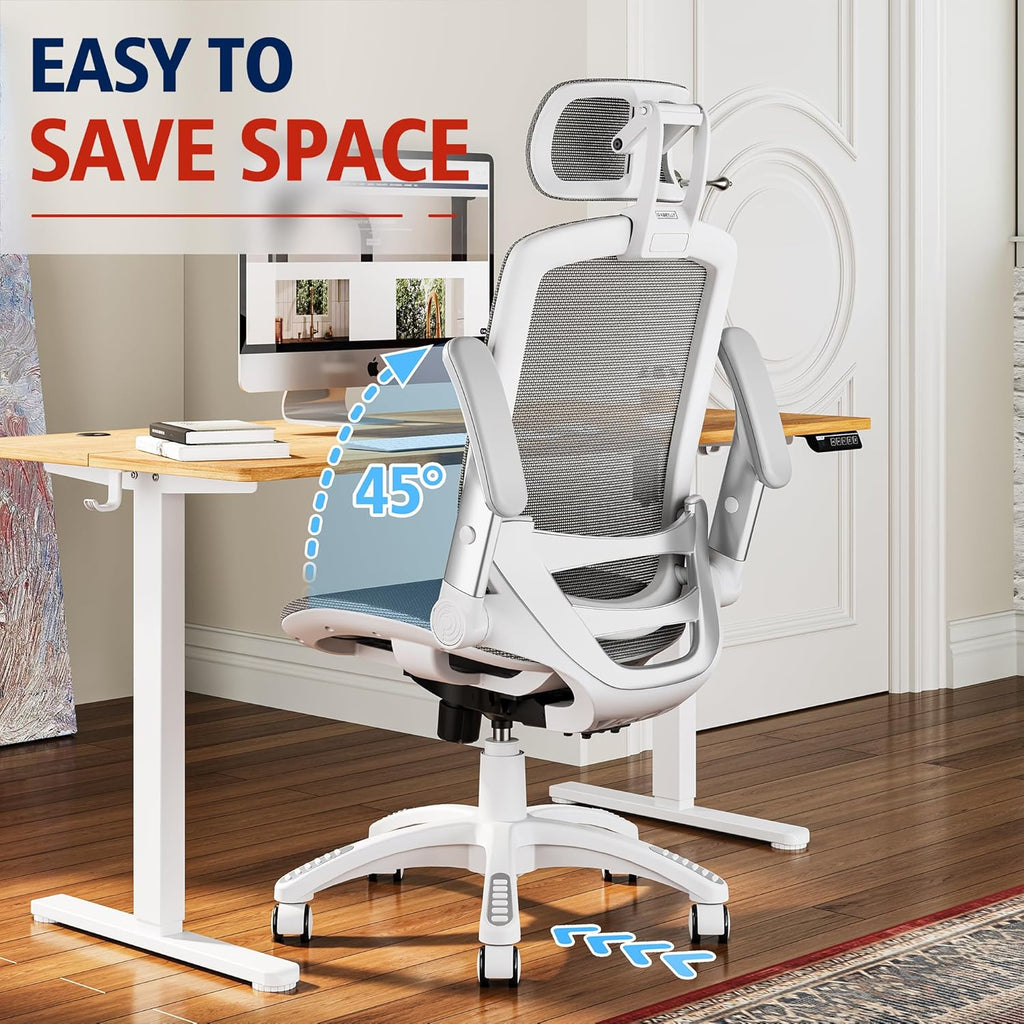 GABRYLLY Ergonomic Office Chair, High Back Home Desk Chair with Headrest, Flip-Up Arms, 90-120° Tilt Lock and Wide Cushion, Big and Tall Mesh Chairs for Man Woman, Grey Task Chair